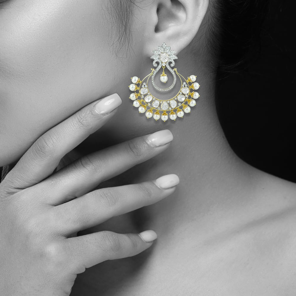 Chandbali Earrings with Polki, Floral Design, and Pearls